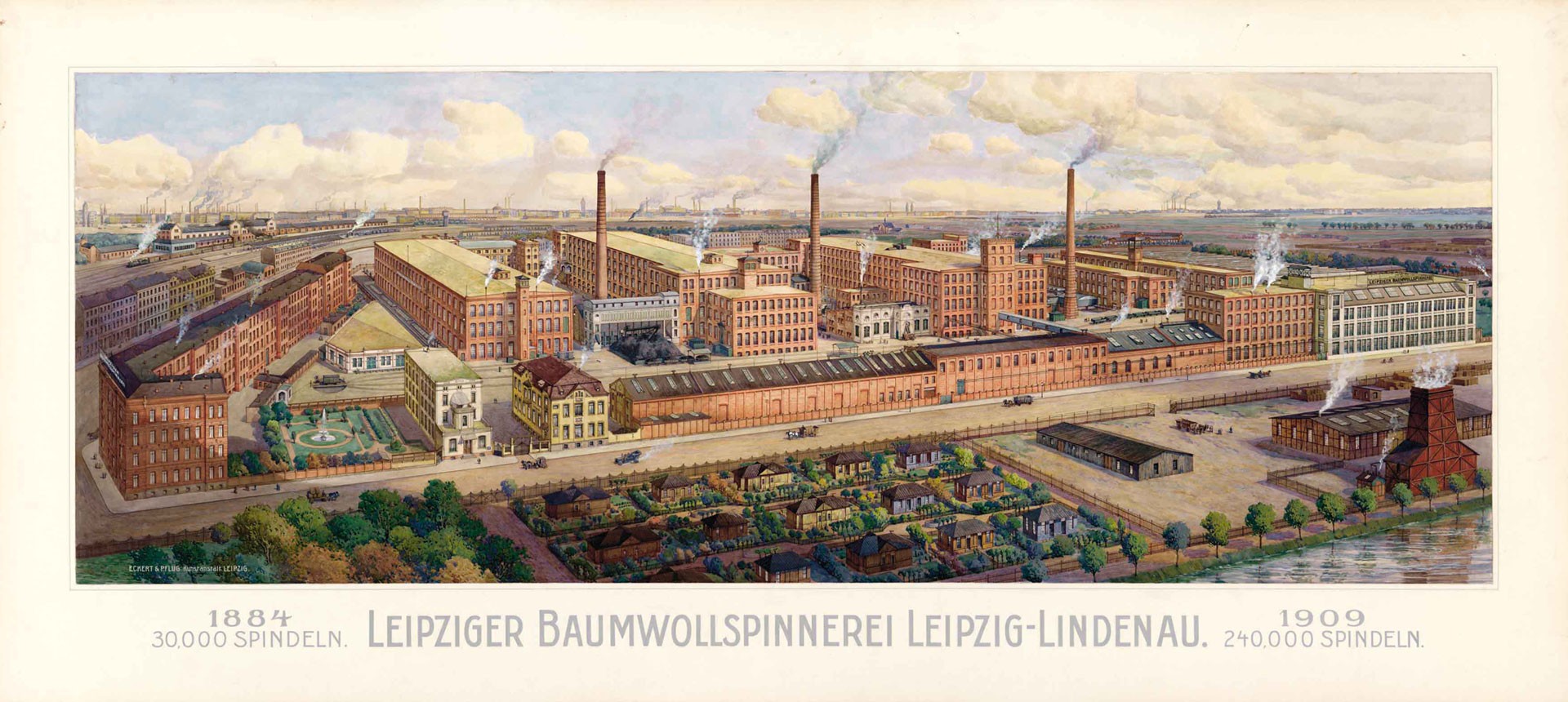 Historische Ansicht des Geländes und der Gebäude der Leipziger Baumwollspinnerei von 1909.