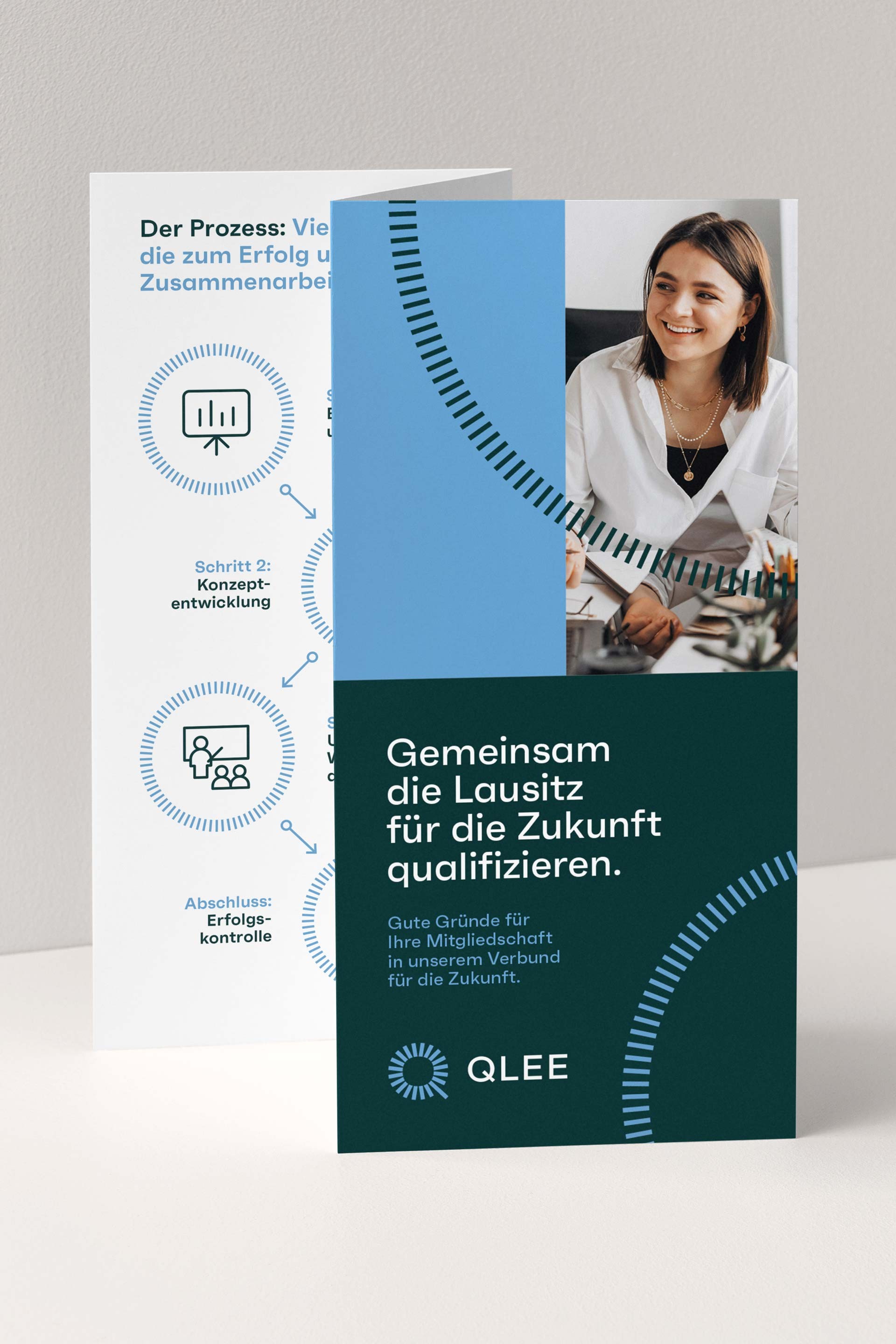 Faltblatt von QLEE mit Infografiken und Titel zur Zukunftsqualifizierung in der Lausitz.