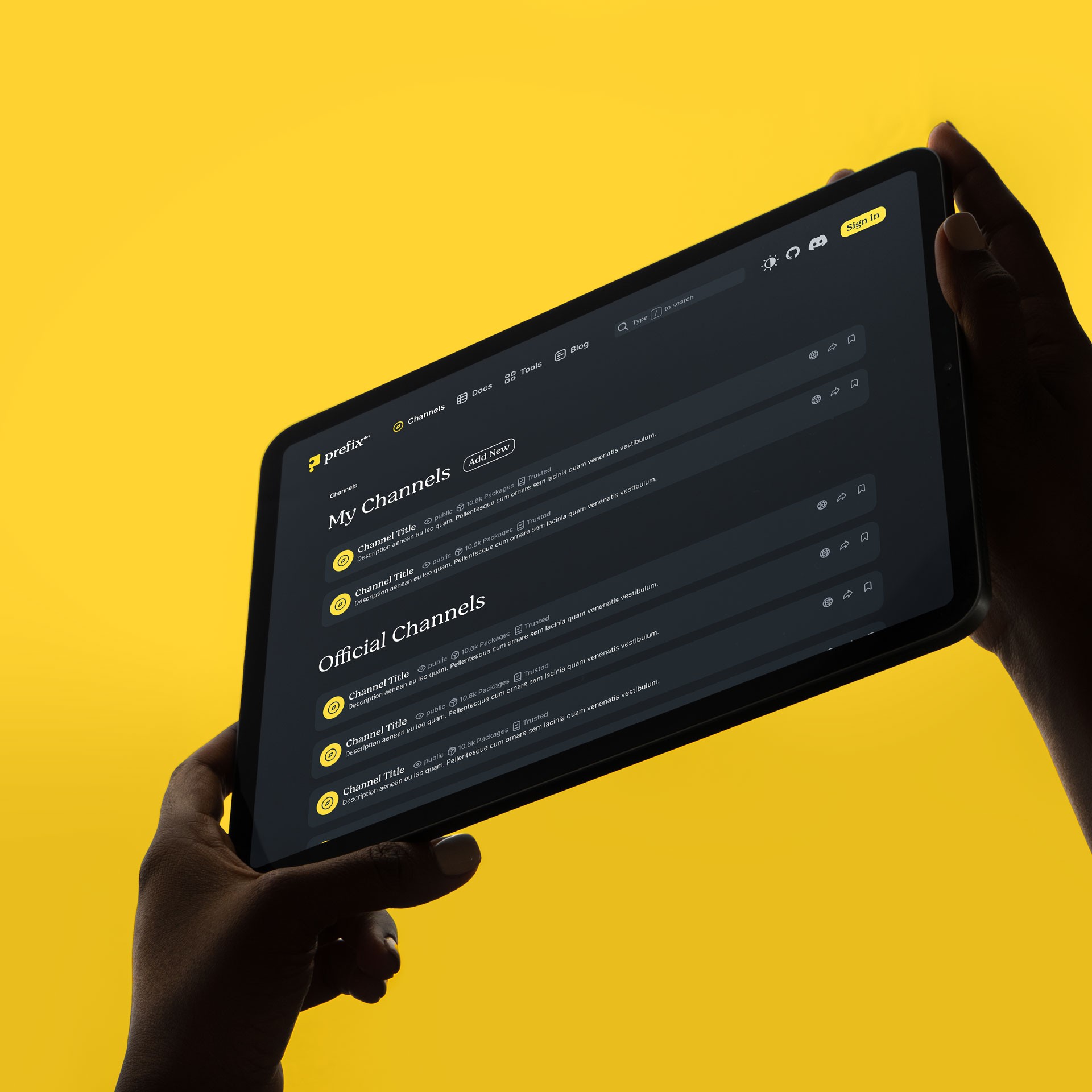 Tablet-Ansicht der Channels-Seite von prefix.dev im Dark Mode.