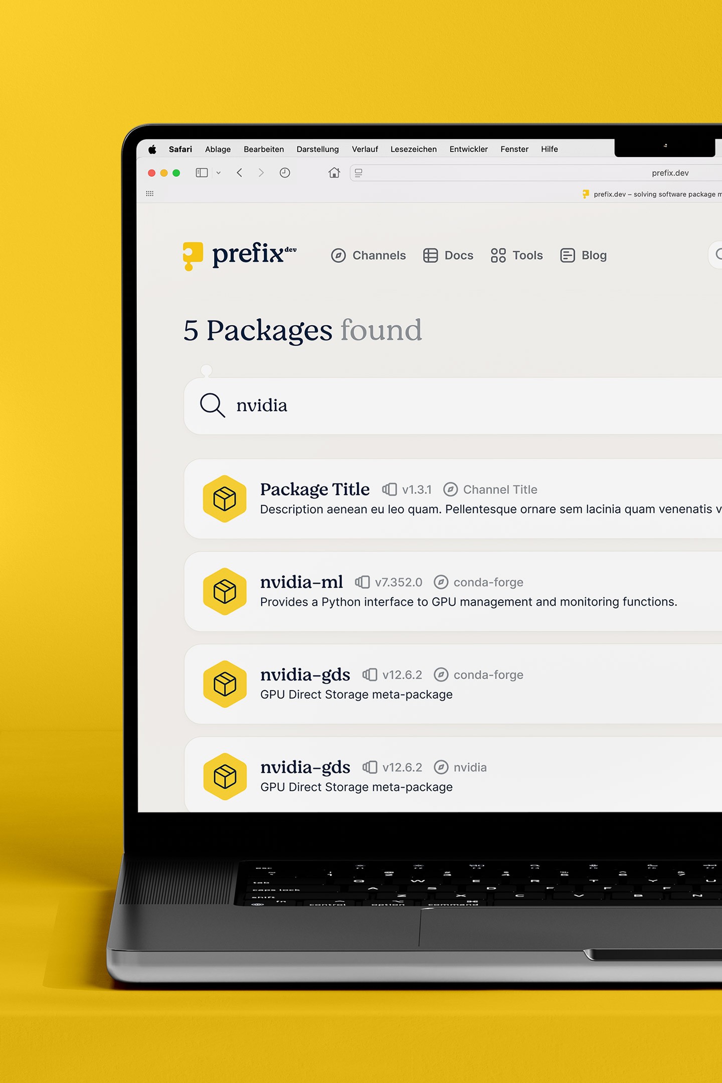 Suchergebnisse auf prefix.dev mit klar gegliedertem Interface und Markensystem.