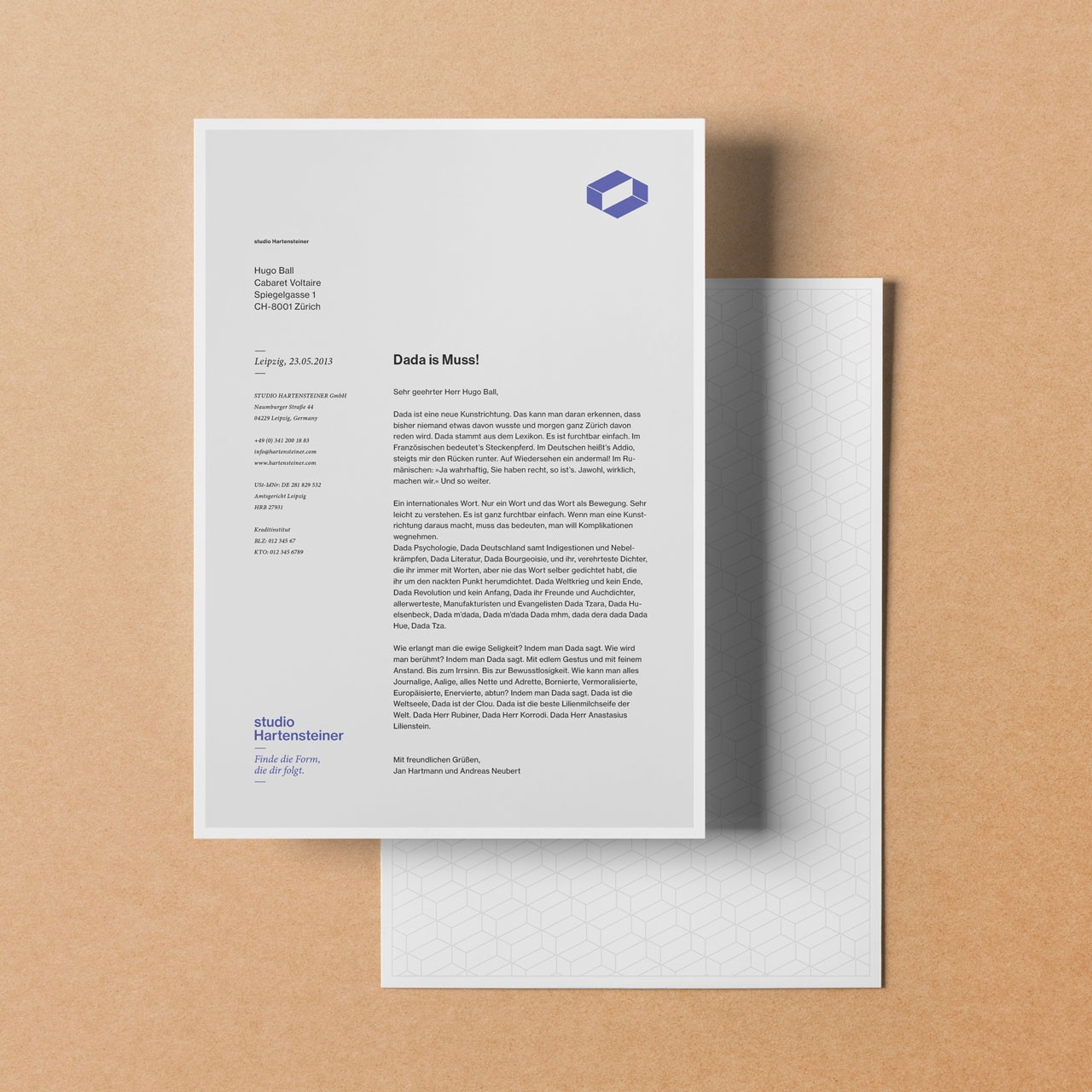 Briefbogen von Studio Hartensteiner im Corporate Design.