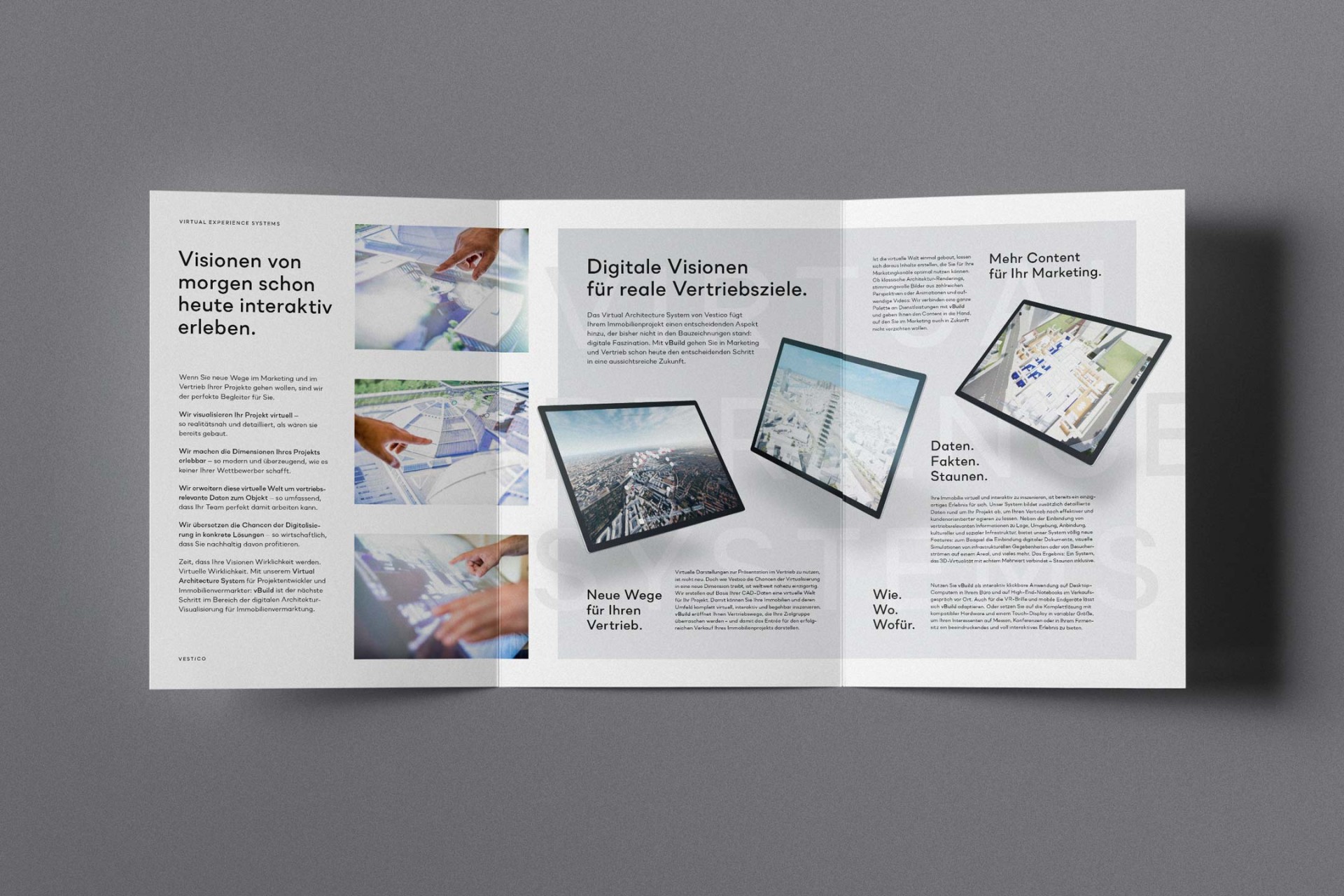 Innenseiten des VESTICO-Handouts mit Markenstruktur, Produktlogik und gestalterischer Systematik.