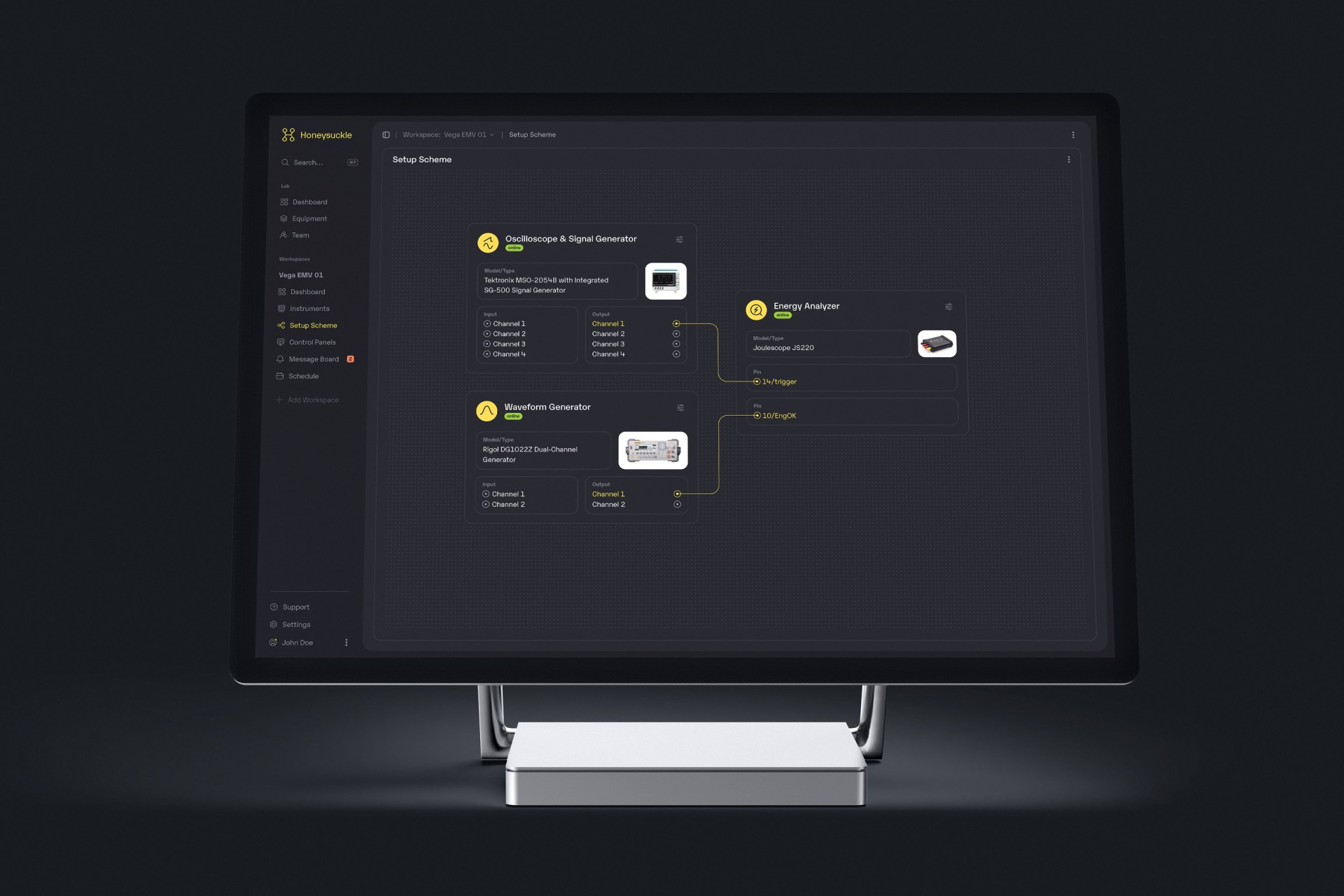 UI-Ansicht eines technischen Setup-Schemas mit vernetzten Nodes, Gerätekarten und visualisiertem Laboraufbau.