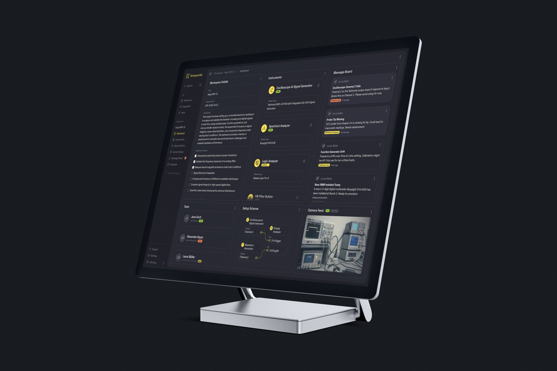 Dashboard-Ansicht des Honeysuckle-Workspace mit Übersichten, Statusanzeigen und zentralen Arbeitsbereichen für Remote-Labs.
