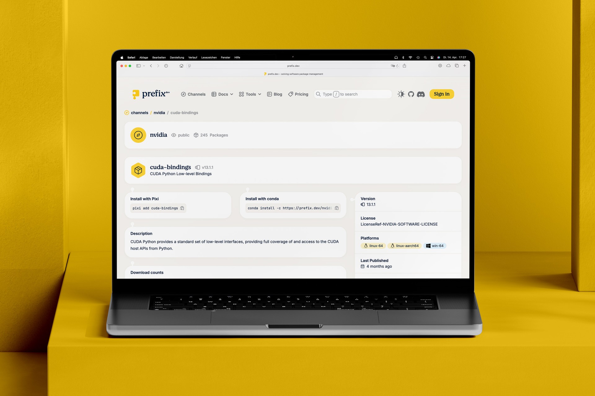 Desktop-Ansicht einer Package-Seite von prefix.dev im hellen Theme mit strukturierter Informationsarchitektur.