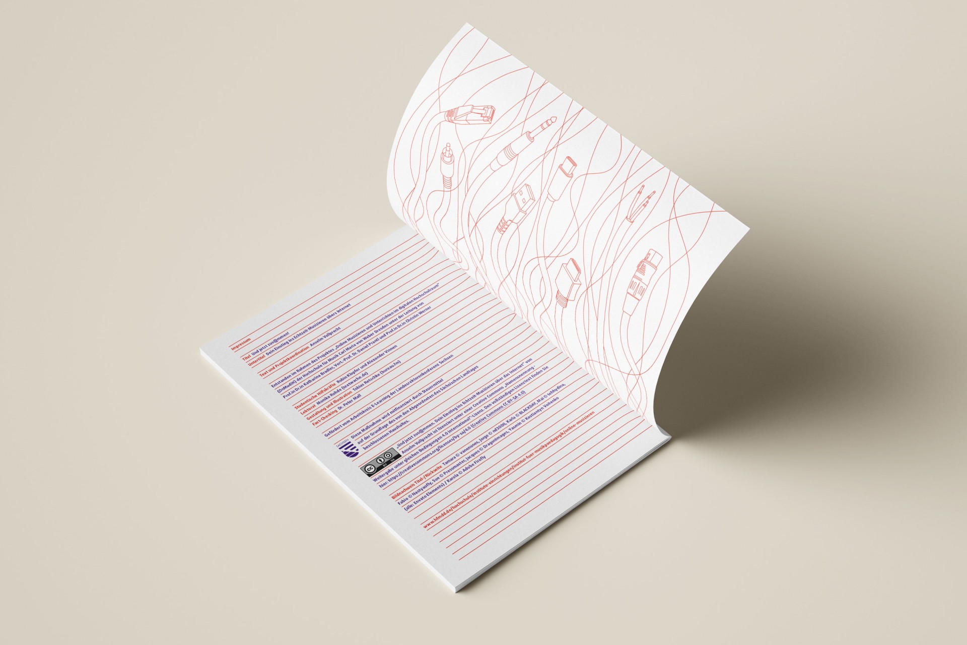 Doppelseite mit Impressum aus dessen Linien sich Illustrationen von Kabeln ergeben.