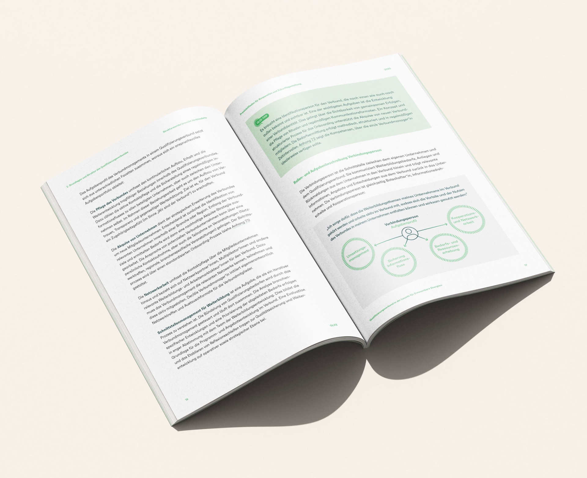 Doppelseite des QLEE-Handbuchs mit Text einerseits und Infobox und Infografik andererseits.